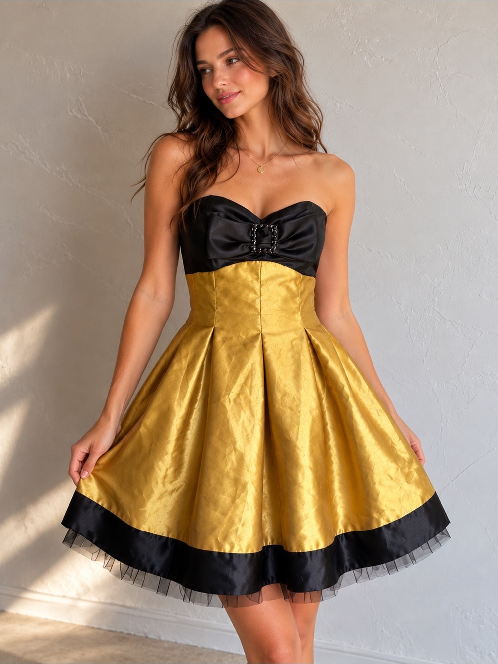 Vintage Gunne Sax Y2K Gold Black Strapless Mini Dress Bow Party Prom 8/9 or M